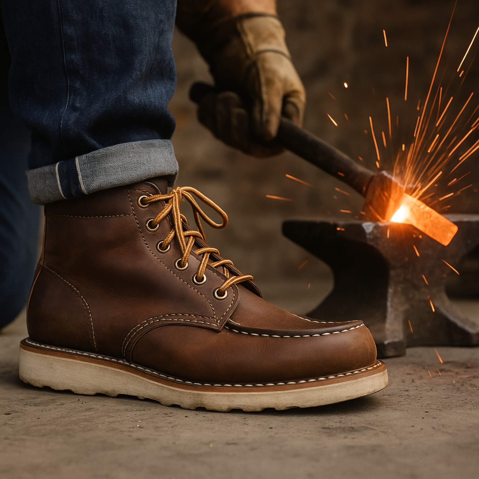 botín cuero clásico moc 875 Kalver, antideslizante, plantilla acolchada, trabajo y ciudad, café, hombre forjando metal con chispas al fondo