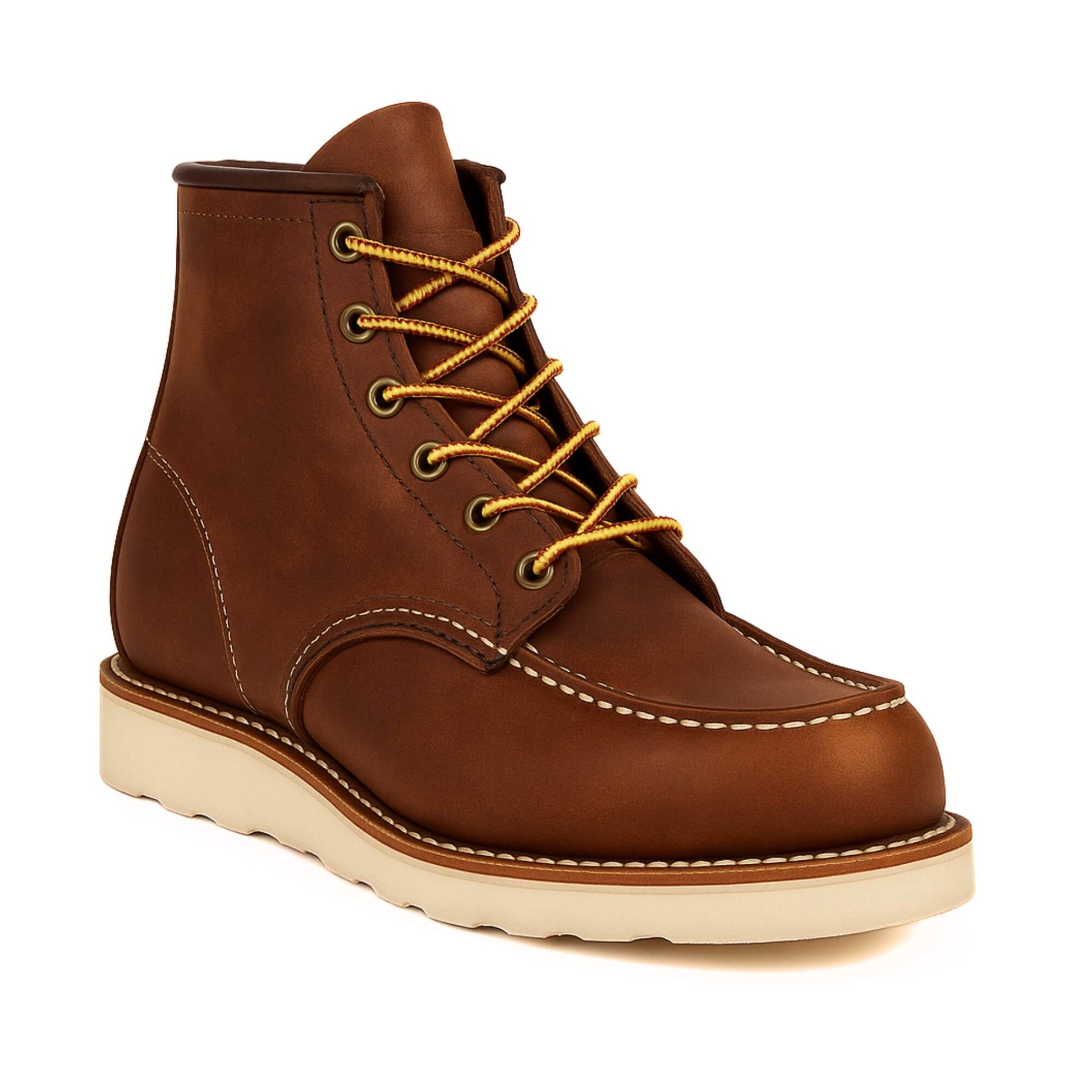 Botín moc 875 de cuero café para hombre, costura moc‑toe y suela de goma vista lateral izquierda