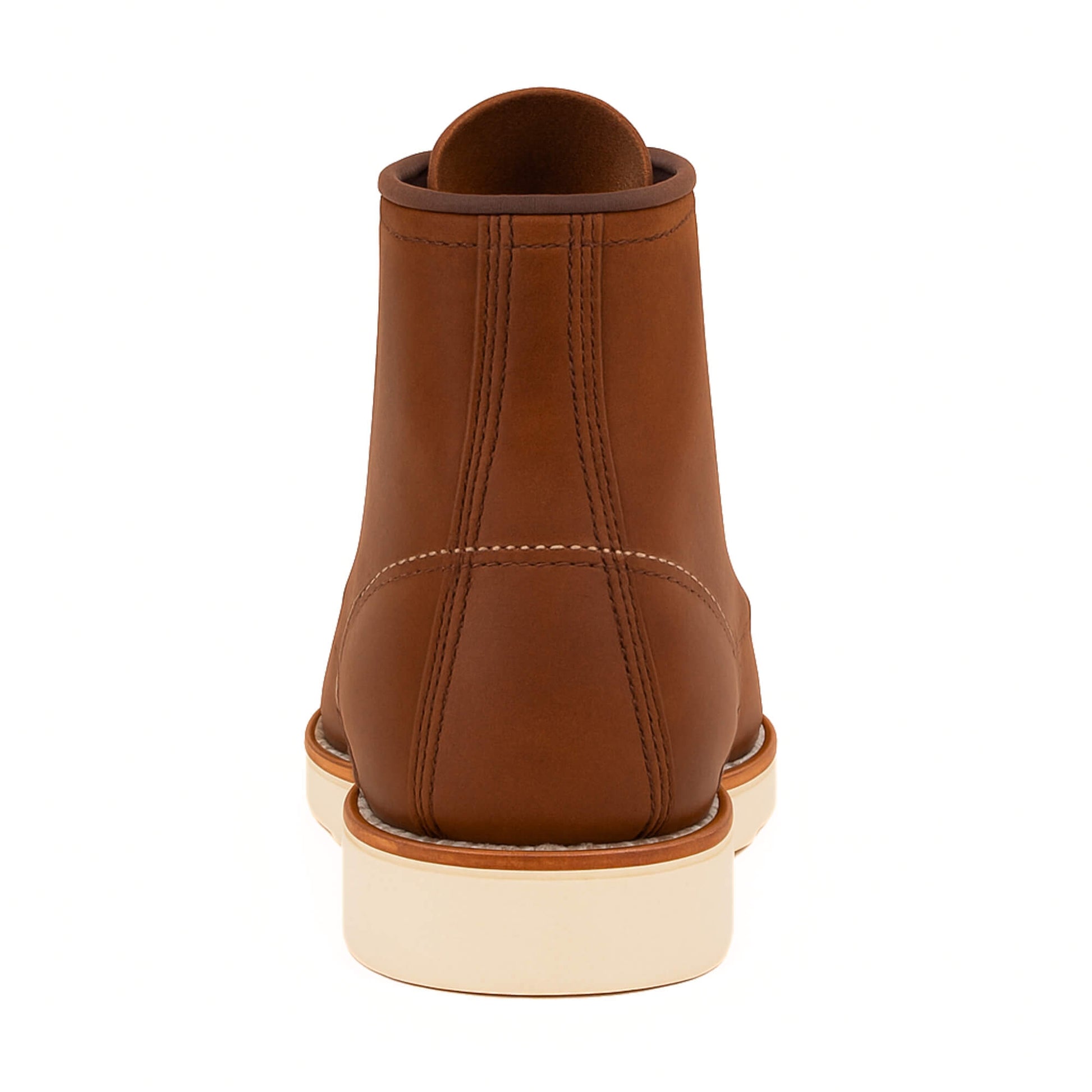 Botín moc 875 de cuero café para hombre, costura moc‑toe y suela de goma vista trasera