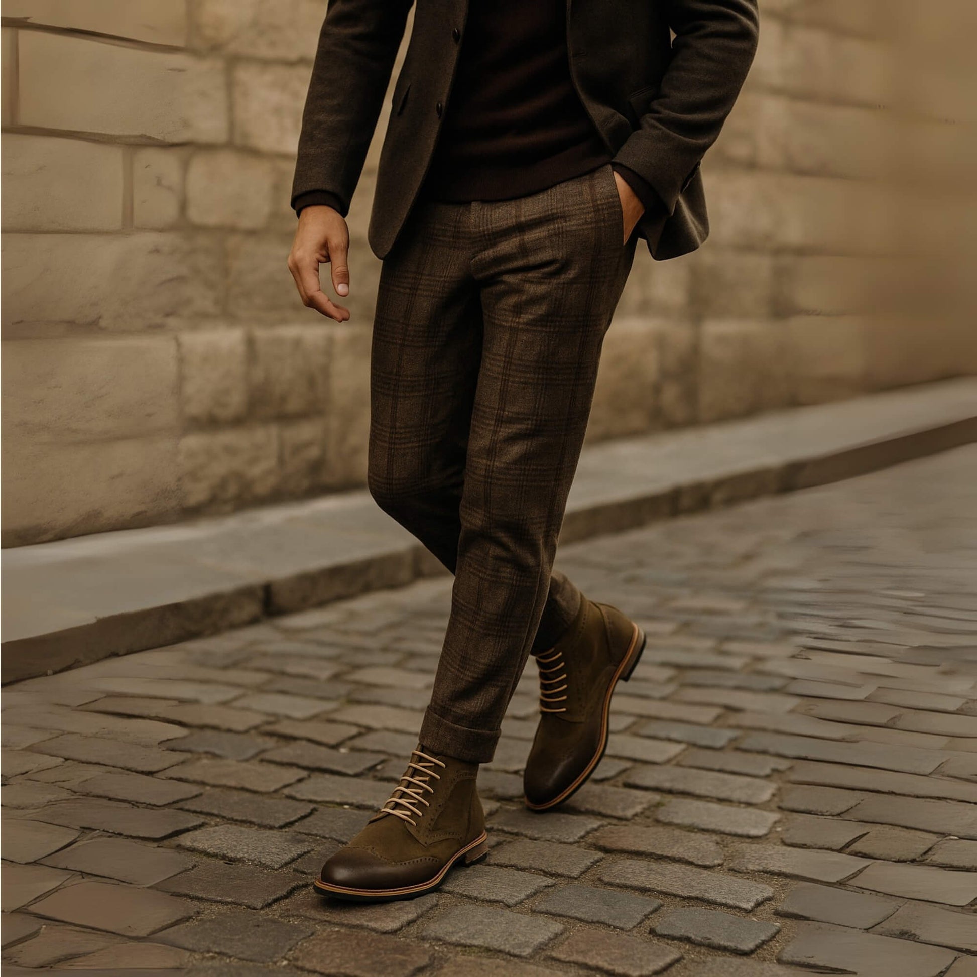 Botín Inglés para hombre Kalver en adoquines, botas de cuero gamuza color verde oliva
