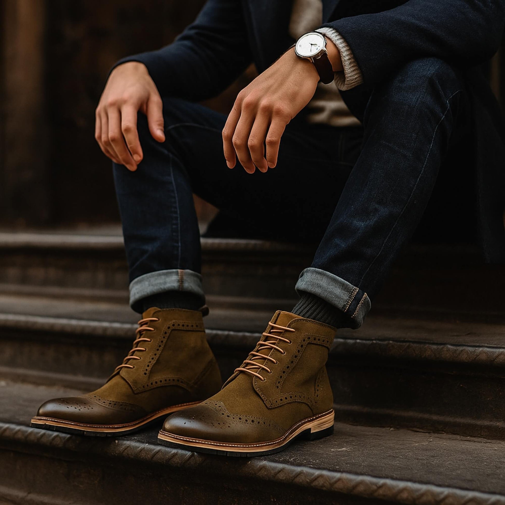 Botín Inglés de color verde oliva material cuero gamuza para hombre uso real urbano.