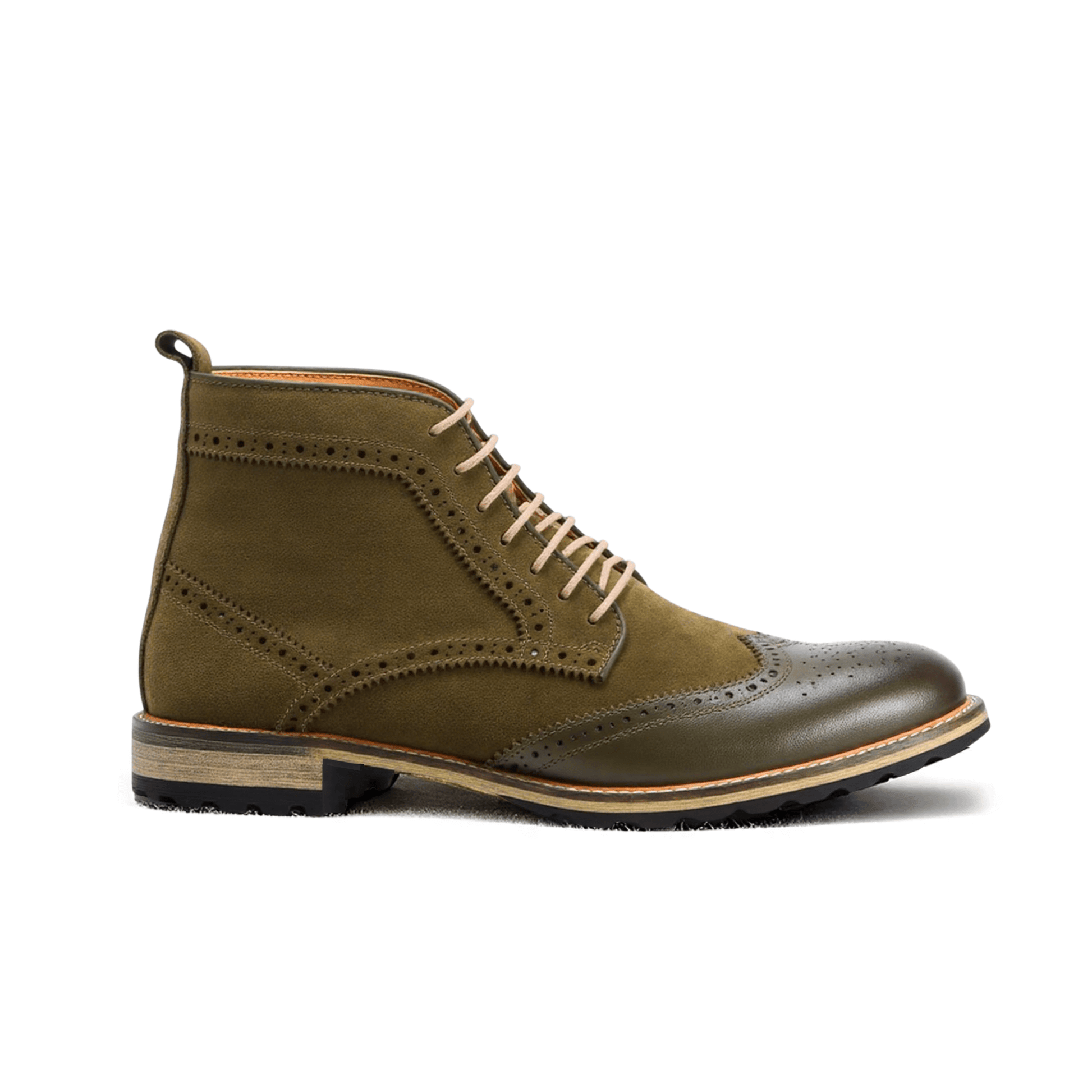 Botin inglés hombre Kalver de gamuza verde oliva con diseño brogue y suela antideslizante