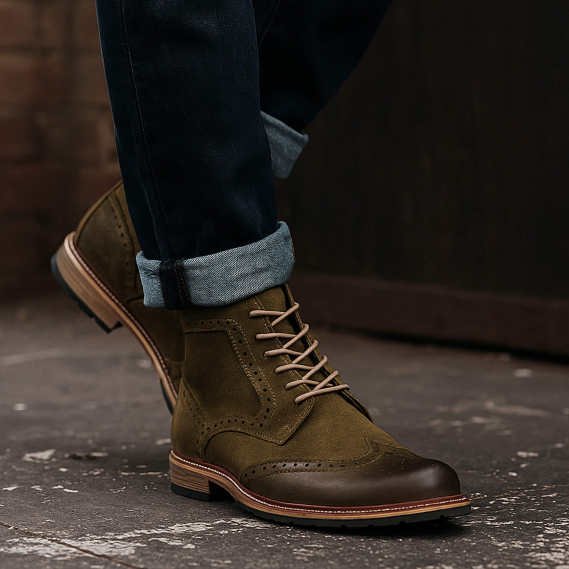 Botines de cuero gamuza verde oliva Kalver para hombre estilo inglés brogue look urbano con jeans