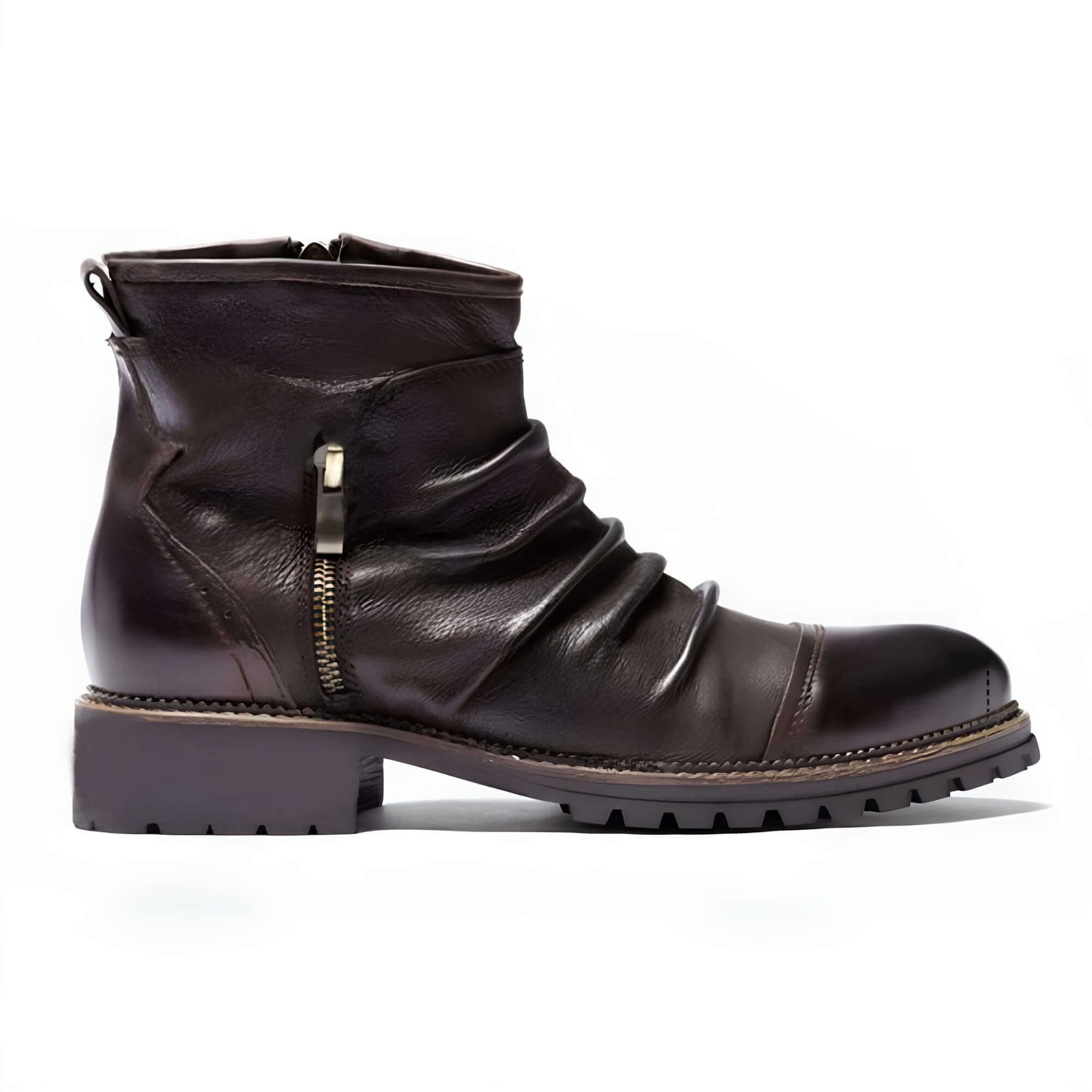 Botín hombre marrón espresso en cuero vegano Luxe Grain™ con caña media, cierre lateral y suela de goma antideslizante estilo Martin Boots.