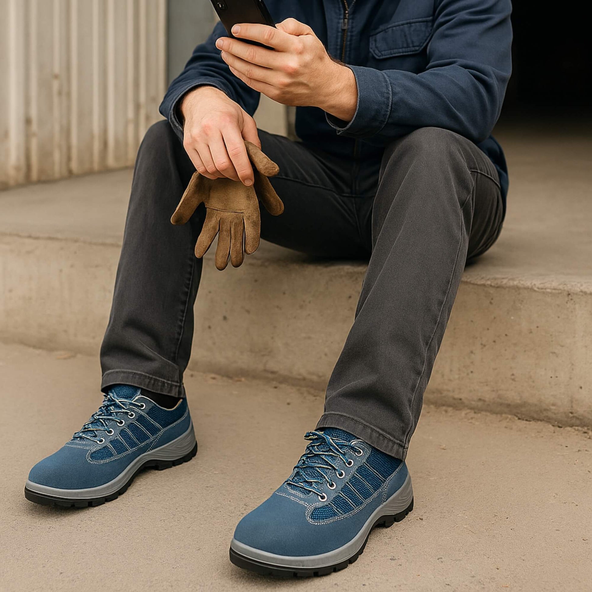 hombre usando zapatos de Seguridad Kalver livianos cómodos #917 unisex azúl