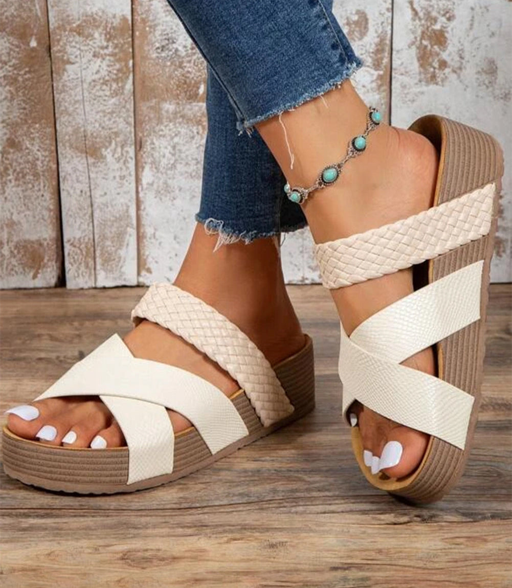 sandalia plataforma mujer Kalver Serena con detalle trenza color beige