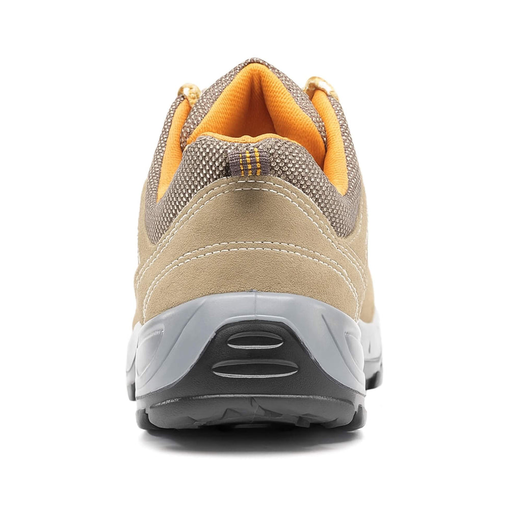 Zapato de seguridad Kalver Raptor 803 beige ultraliviano con punta metálica, vista trasera acolchada del con interior naranja