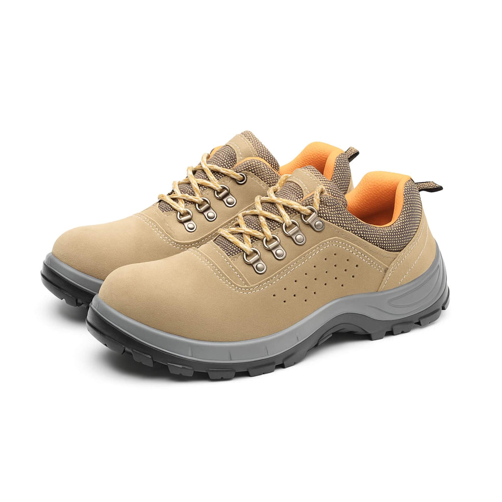 Zapato de seguridad Kalver raptor con puntera metálica 803 para trabajo liviano, cómodos, vista lateral 45 grad derecha en cuero beige