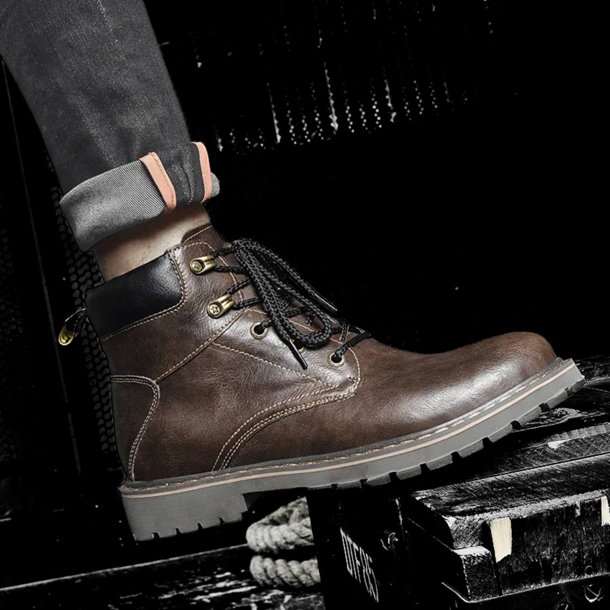 Botín de cuero café Kalver Explorer para hombre, diseño robusto y suela antideslizante vista lado