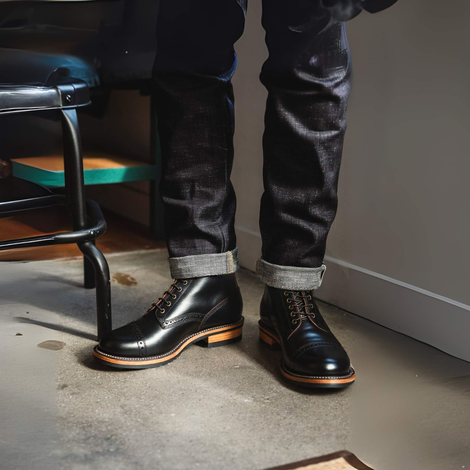 Botín de cuero tea-core negro para hombre, fabricación artesanal Goodyear, suela de cuero con caucho antideslizante, estilo premium Kalver.