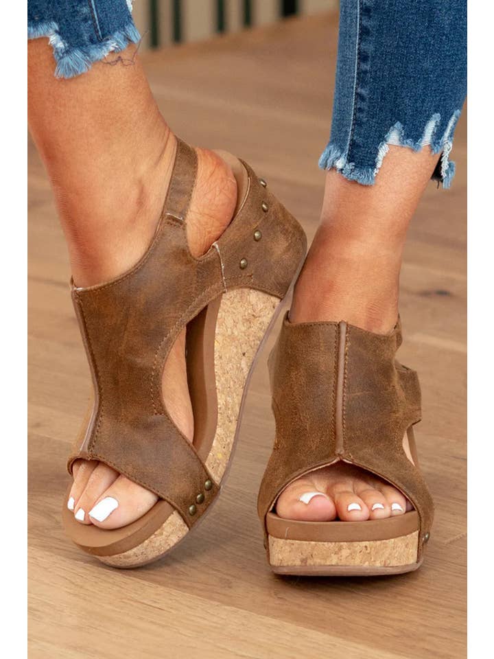 Little Daisy Closet - Wholesale Wedges - Women's -  LDC Vintage Leather Stitching Studded Wedge Sandals1