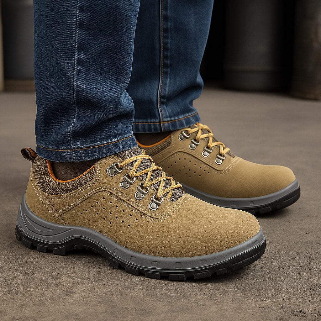 Zapato de seguridad Kalver Raptor 803 beige ultraliviano con punta metálica en uso