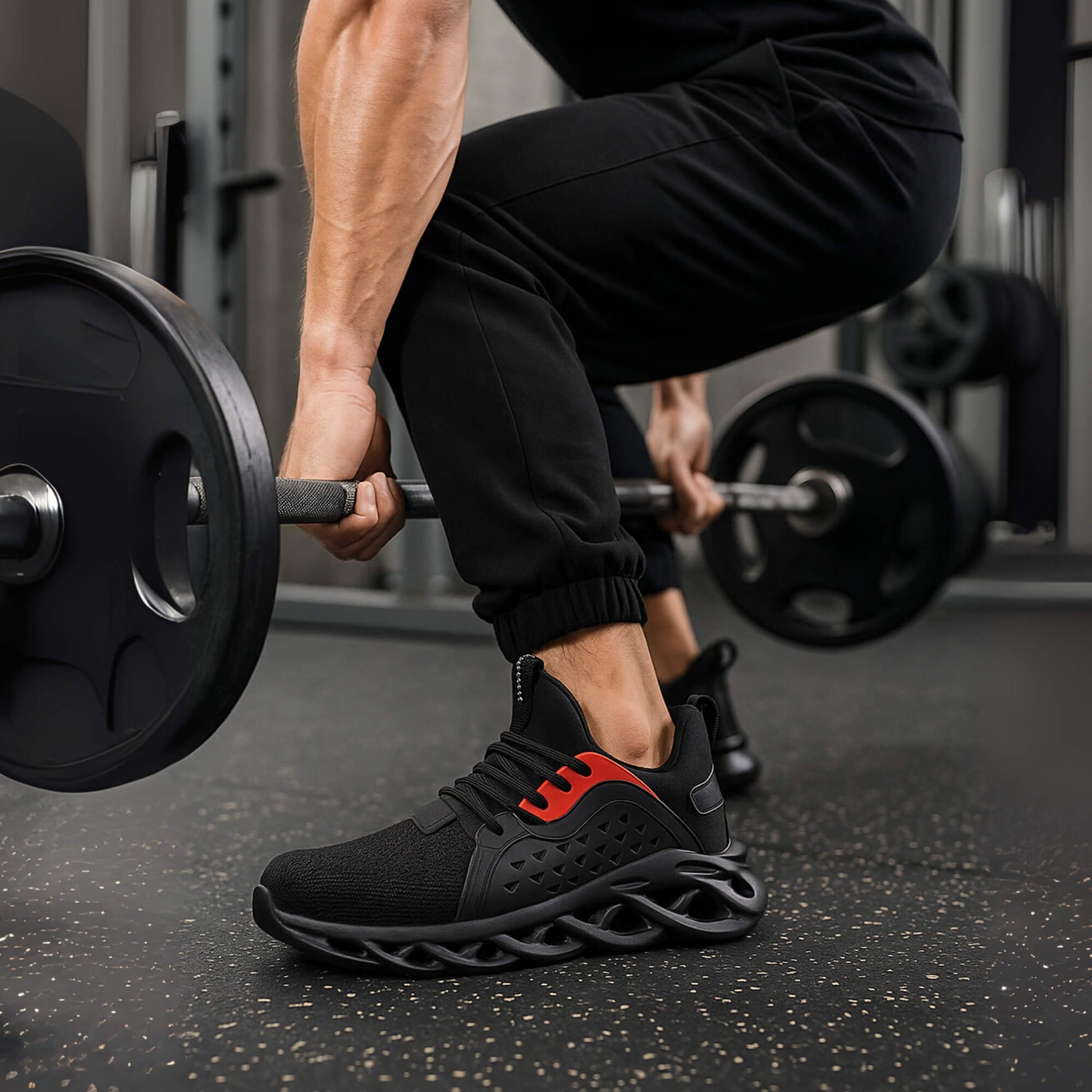 Zapato de seguridad Kalver Scout 808 negro unisex en uso durante ejercicio en gimnasio, ideal para trabajo y deporte.