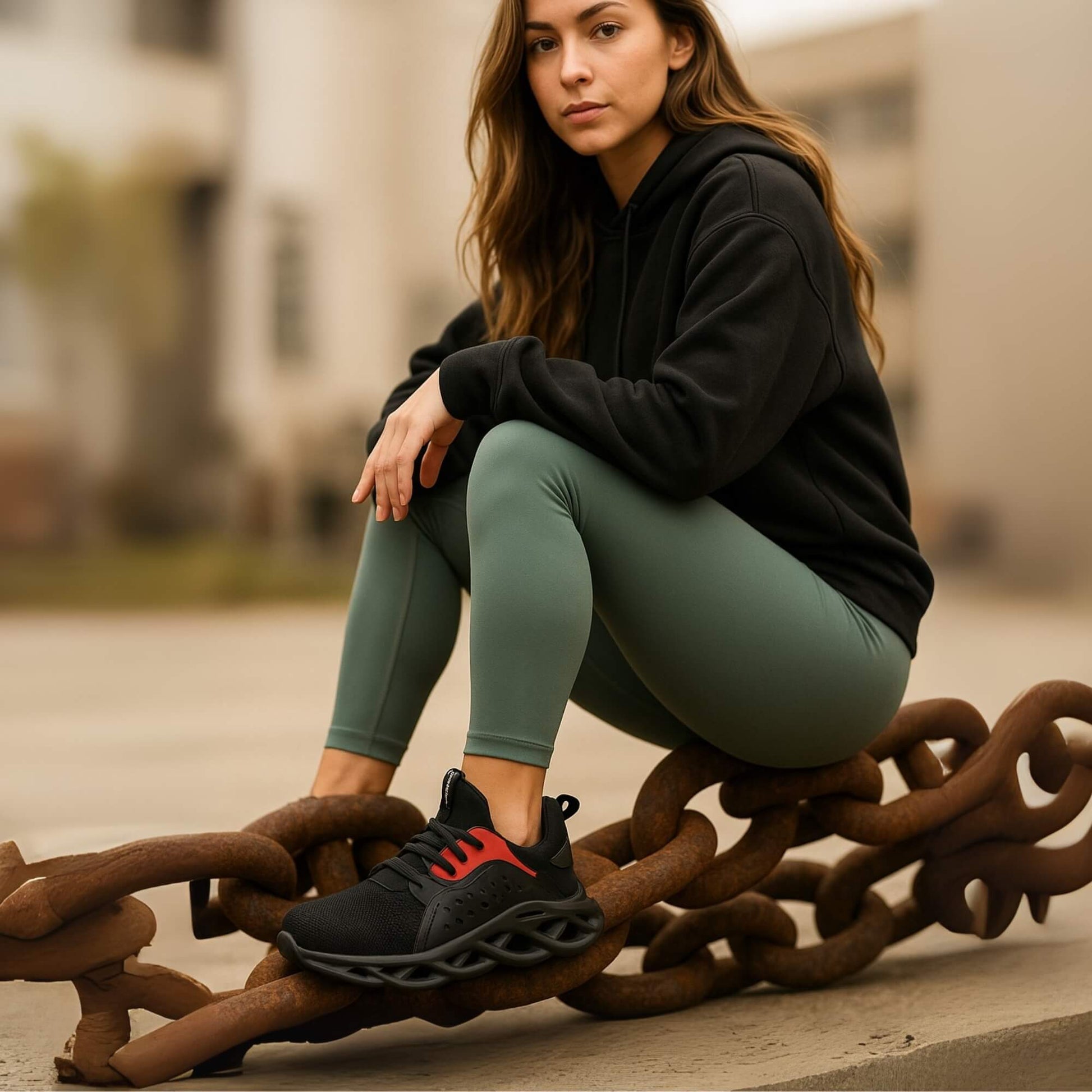 Mujer usando el Zapato de Seguridad Kalver Scout 808 negro, ambiente industrial y estilo casual.