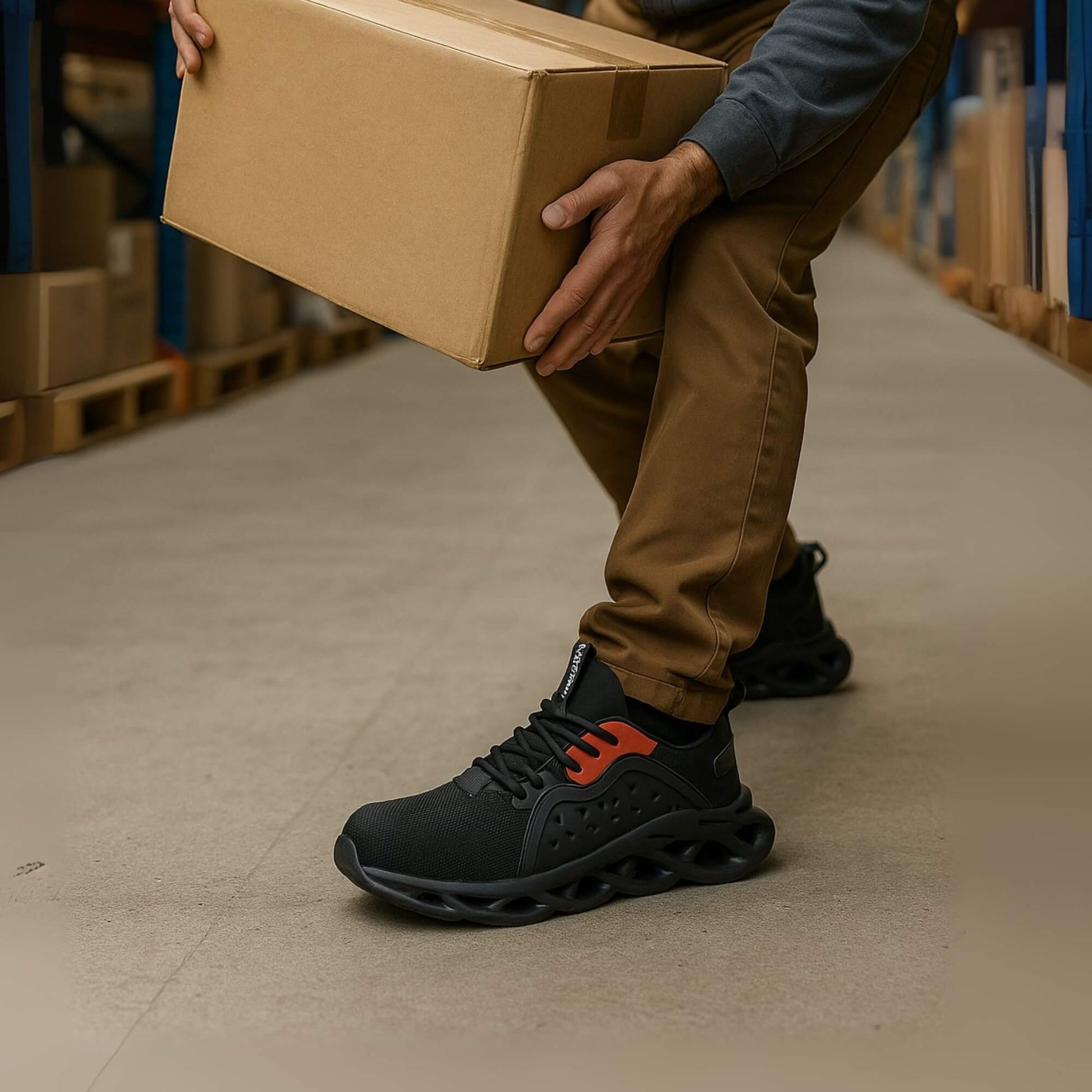 Zapato de Seguridad Kalver Scout para hombre y mujer 808 negro en ambiente de trabajo en bodega, ideal para protección y confort.