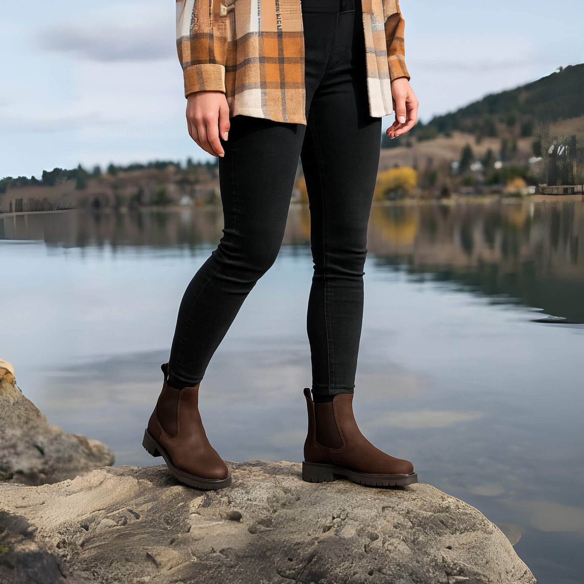 Mujer usando botines cuero Kalver Sierra café sobre roca con paisaje invernal
