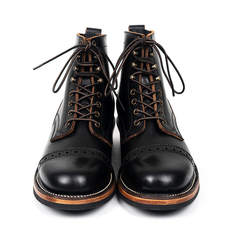 par botin de cuero tea-core negro para hombre, fabricación artesanal Goodyear, suela de cuero con caucho antideslizante, estilo premium Kalver.