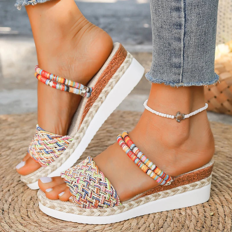 Sandalias plataforma mujer Kalver Isla trenzadas multicolor con suela cómoda,  correas ajustables