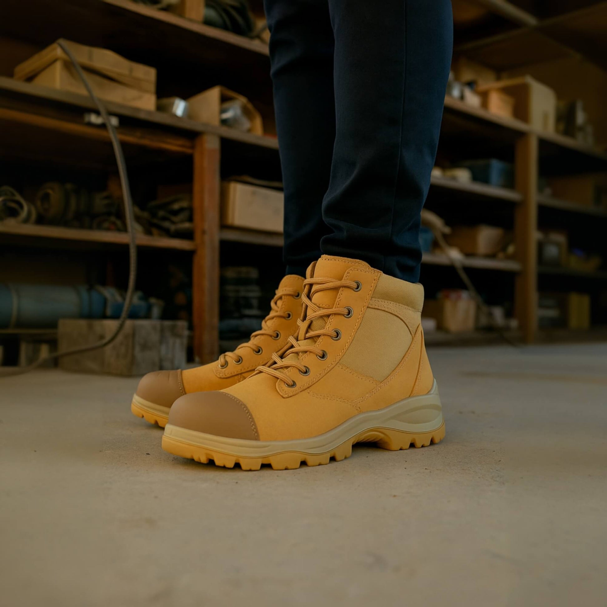Zapato de seguridad Kalver Chelsea 1100 beige con punta de acero y cuero impermeable uso en taller