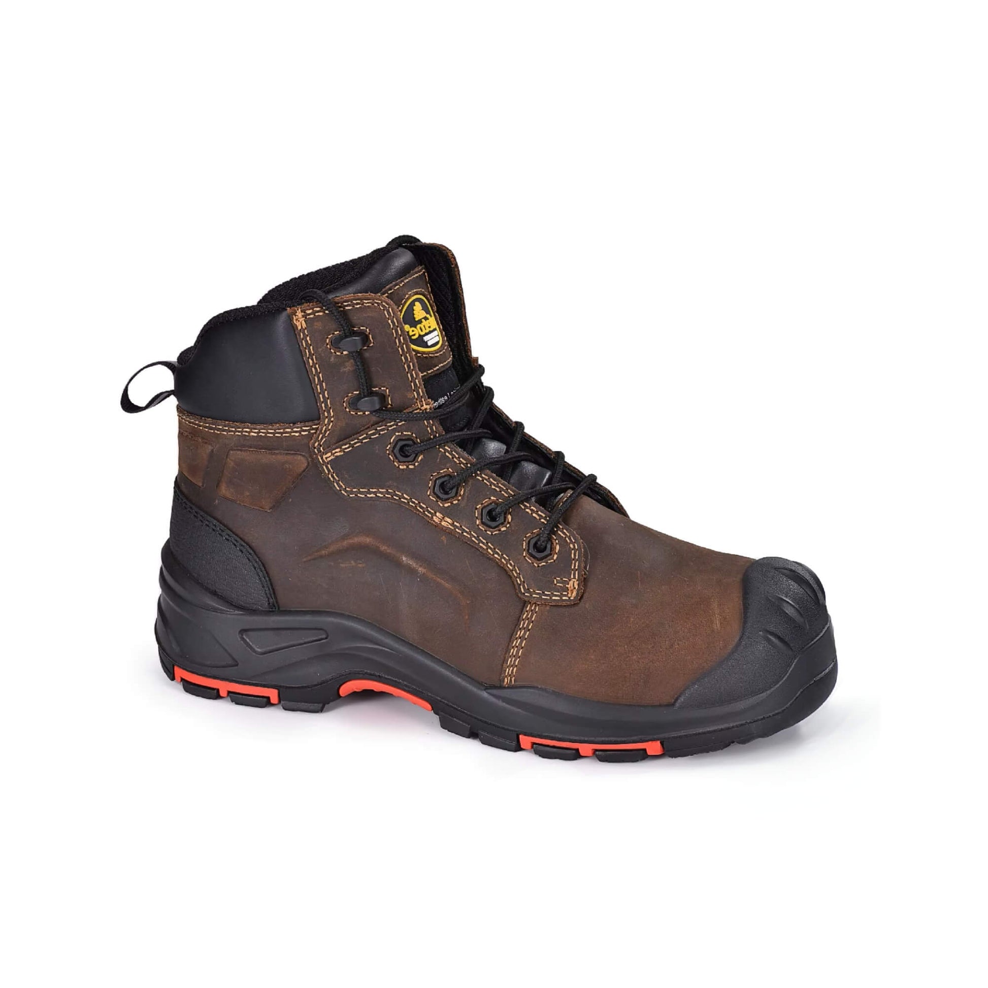 Zapato de seguridad Kalver tank s3 impermeable vista 45º frontal, puntera composite y suela antideslizante para hombre marrón

