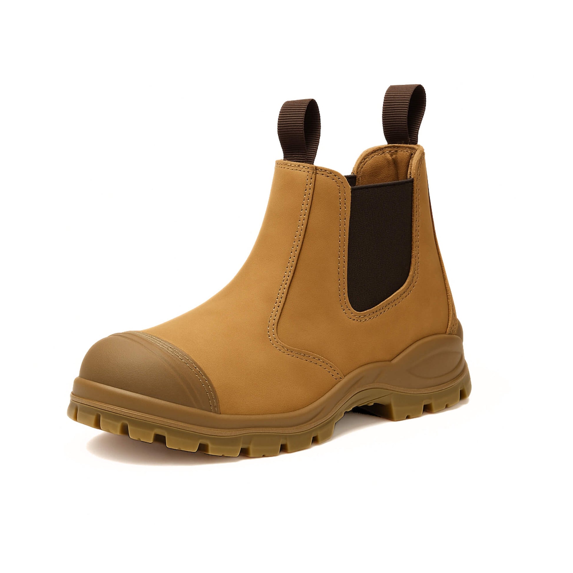 Zapato de seguridad Kalver Chelsea GF03 color trigo con punta reforzada y suela resistente al aceite vista lateral izquerda 45 grados